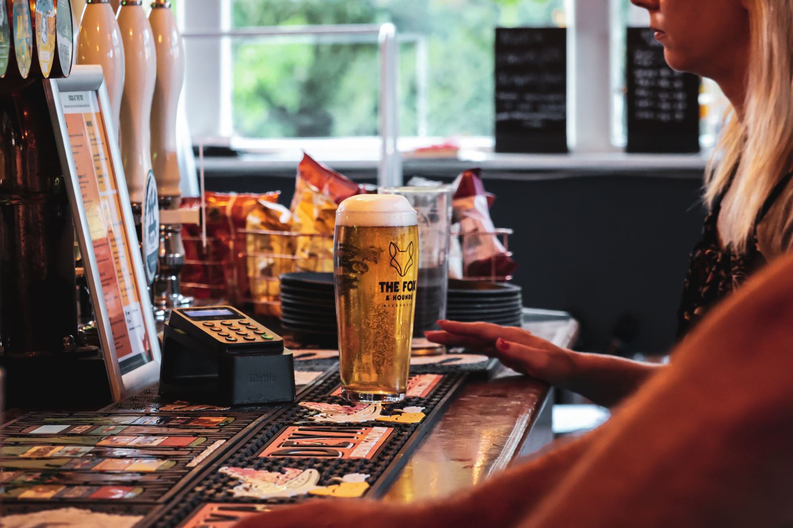 The Fox and Hounds bar, pint of beer