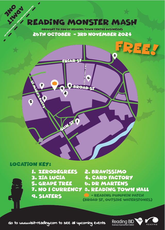 Green and purple map of Reading's Halloween Monster Mash Trail